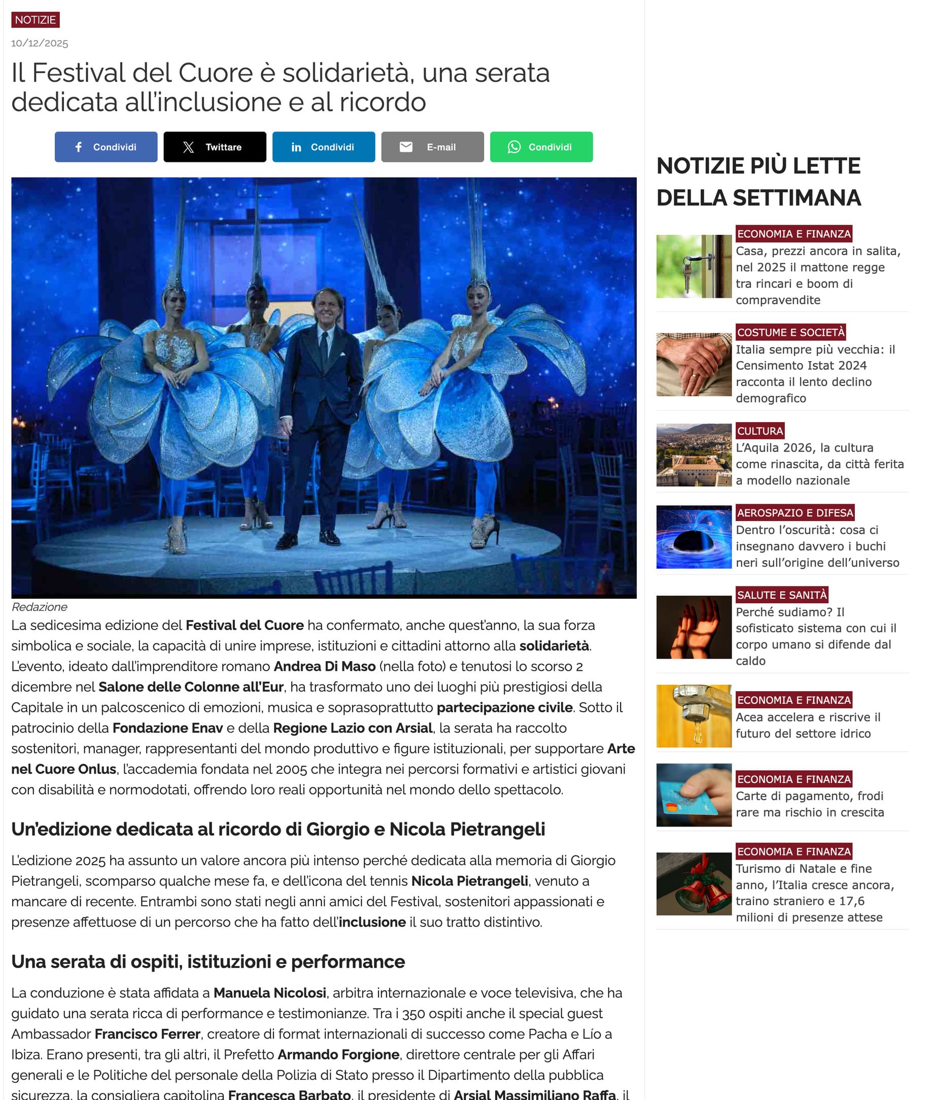 Il Festival del Cuore è solidarietà, una serata dedicata all’inclusione e al ricordo