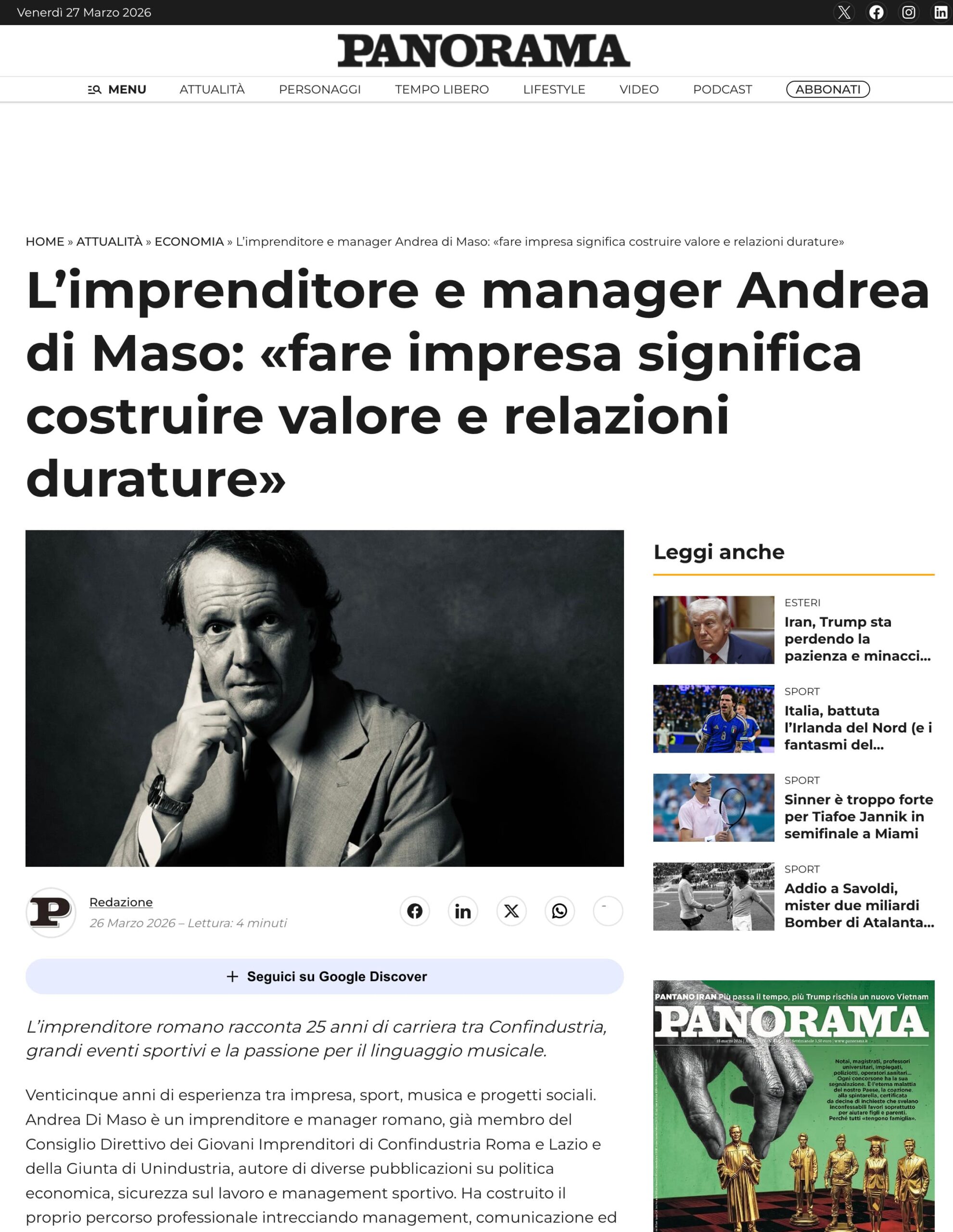 L’imprenditore e manager Andrea di Maso: «fare impresa significa costruire valore e relazioni durature»